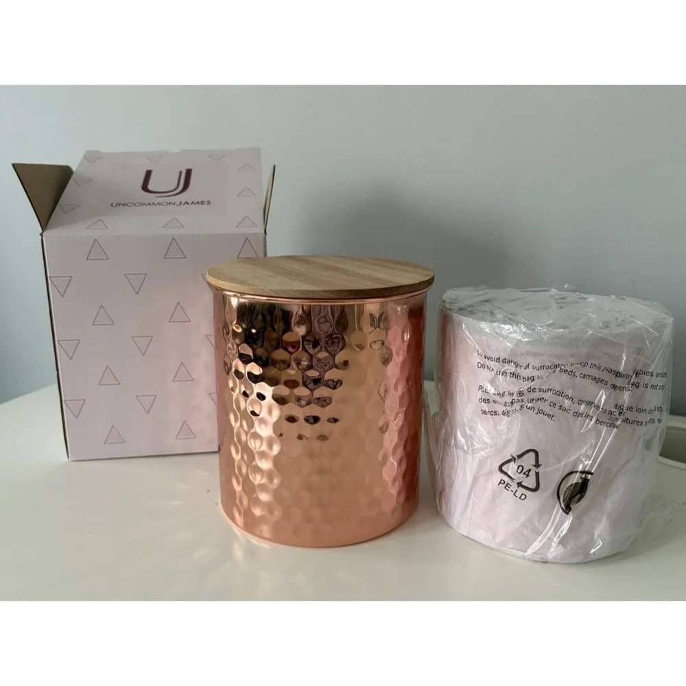UNCOMMON JAMES Hammered Copper Plated Canister Set w/Wood Lids 45oz & 25oz NEW!